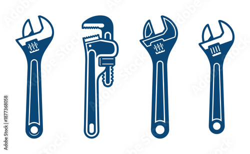 Illustration of four blue adjustable wrenches. Hand tools for construction and plumbing repairs.