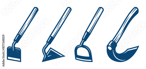 Illustration featuring various garden hoes. Agricultural tools for cultivating and weeding in vector format.