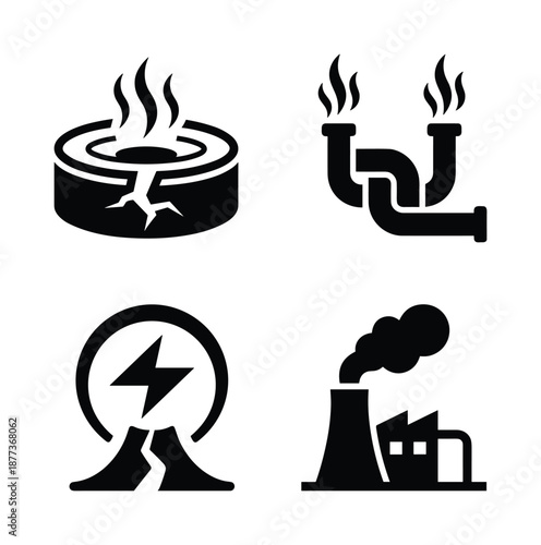 Illustration of geothermal energy icons. Renewable energy and power plant symbols, black design.