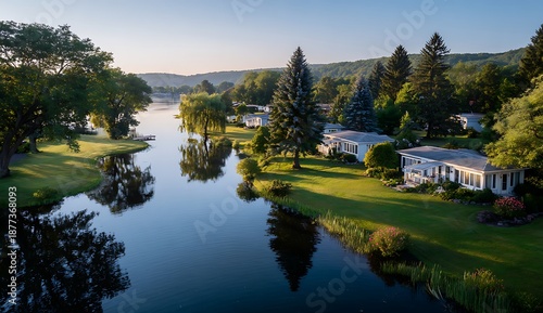 Tranquil Lake Community View Modern Waterfront Homes With Reflections Verdant Greenery Serene Lakeside Living In Scenic Landscape Picturesque Residences Summer Retreat Getaway
