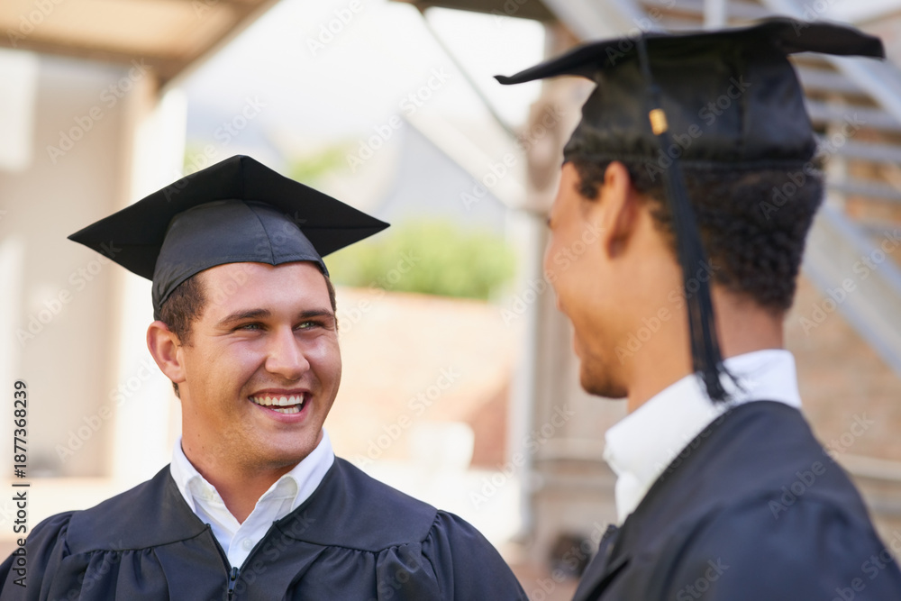 Fototapeta premium Friends, graduation and men at university, outdoor or congratulations for success, goal or education at campus. People, excited and students with talk, smile or celebration for achievement at college
