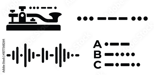 Illustration of Morse code communication, featuring telegraph key, signal wave and ABC code samples.