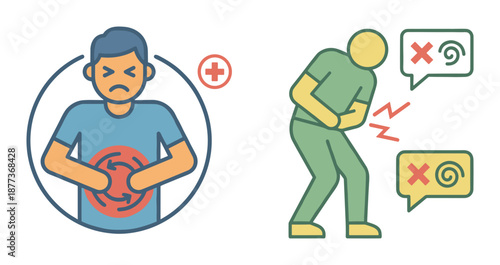 Illustration showcasing discomfort, digestive problems and food poisoning. Two figures and speech bubbles