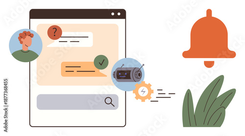 Communication tools, AI support, notification systems, messaging apps, online assistance, user interaction. Messaging interface with chatbot, bell icon search bar user avatar. Communication tools