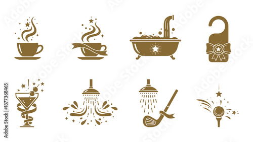 A collection of modern and stylized icons representing hotel and resort amenities and services