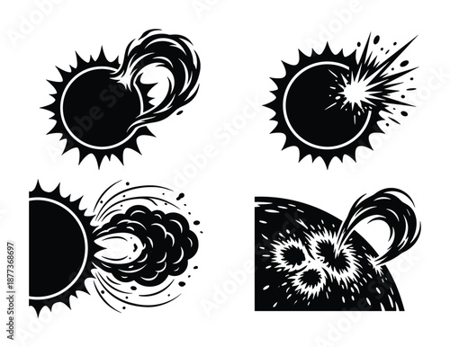 Illustrations of solar flares, coronal mass ejections, and sun explosions, cosmic event. Black and white vector design.