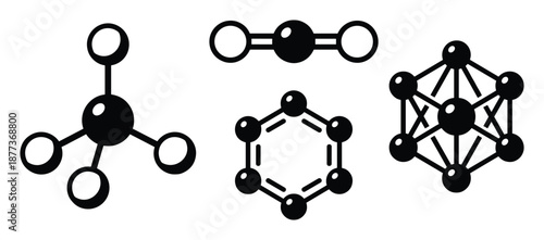 Illustrations showcase molecular structures of methane, carbon dioxide, benzene, and diamond, chemical structures design.