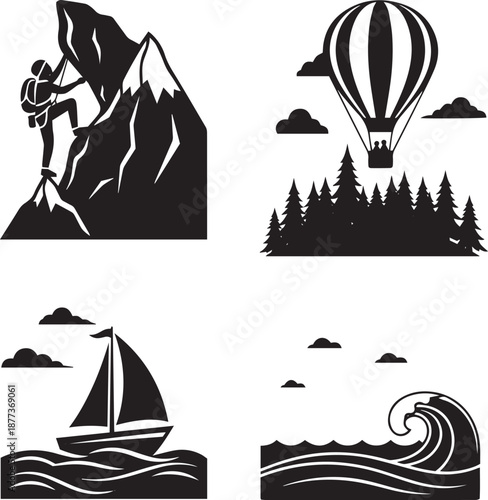 Black and white of adventure and travel mountain climbing