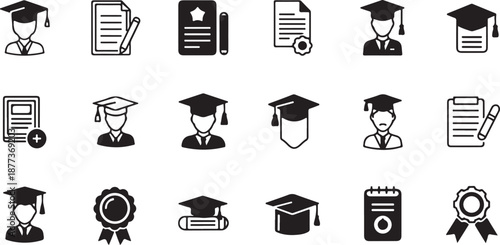Black and white graduation icons and academic symbols set