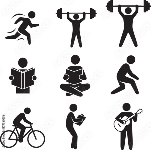 Black silhouette of people running cycling weightlifting reading and playing guitar