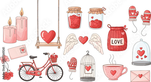 Cute Valentine illustration set with hearts, candles, bicycle and love decorations, romantic hand drawn elements for wedding, greeting card and holiday design isolated on white background