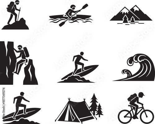 Black silhouettes of people enjoying outdoor activities