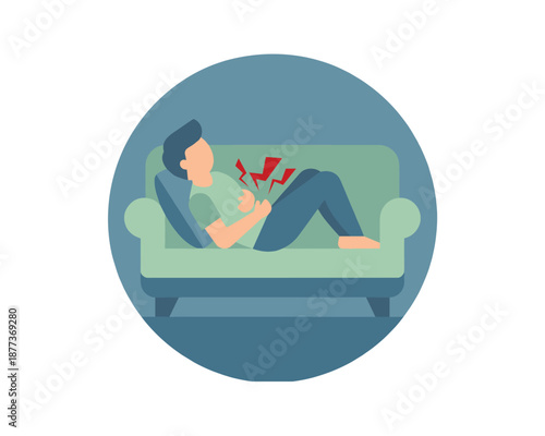 Man lying on sofa with stomach pain. Illustrated flat vector, circle shape, blue and green color, simple design.