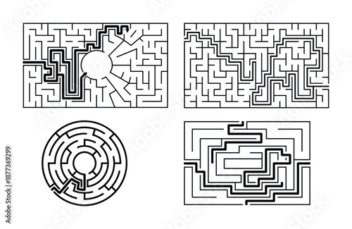 Maze solutions illustration. Includes square and circle shaped mazes with paths to exit.