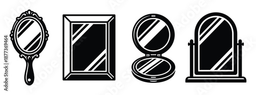 Mirrors vector set. Includes hand mirror, rectangle mirror, round compact, and vanity table mirror in black and white.