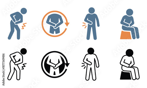 Pain icons set showing body discomfort. Pictograms include stomach, back, and hip pain signs in two different styles.