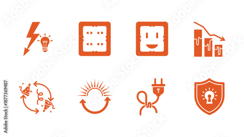 A minimalist set of orange icons representing energy and smart home concepts