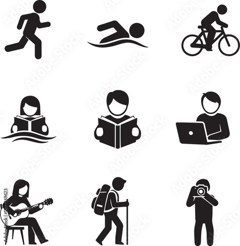 Nine black silhouette of people engaged in various activities