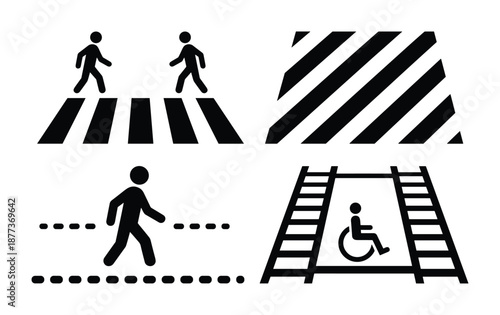 Pedestrian crossing signs. Includes zebra crossing, hazard stripe, dotted line and wheelchair access ramp.