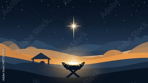 Nativity scene with a manger under a starry sky and the Bethlehem Star