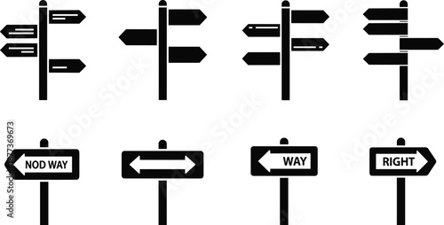Direction signpost and road sign icons set, navigation arrows, wayfinding symbols, right and wrong way indicators, travel guidance, black silhouette vector illustration