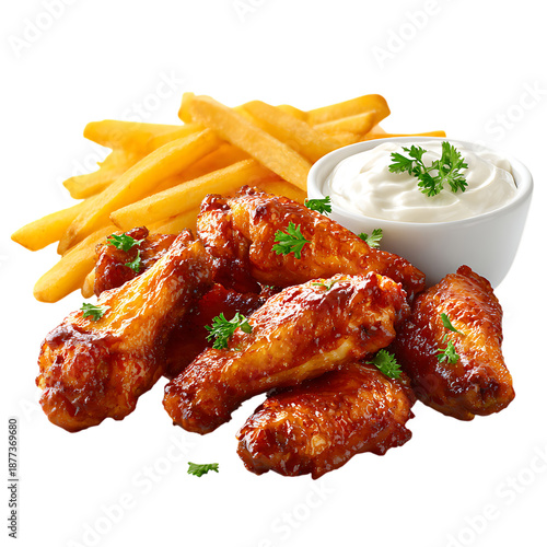Delicious chicken wings with fries and dipping sauce png