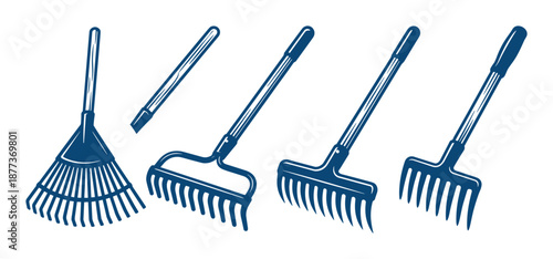 Set of rakes for gardening, agriculture, and landscaping with various designs, types, and uses