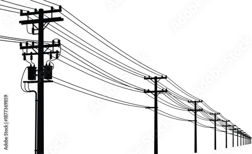 Electric power transmission poles and overhead cables silhouette, utility infrastructure vector illustration for energy distribution, grid network, industrial background, and engineering design