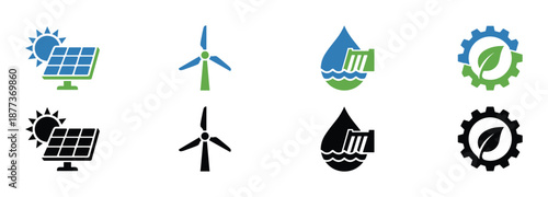 Renewable energy concept icons, solar panel, wind turbine, hydropower, eco technology design elements.