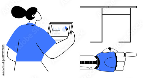 Business analytics, technology innovation, workplace automation, AI integration, data analysis, robotics. Woman viewing laptop dashboard, robotic hand pointing at desk. Technology innovation