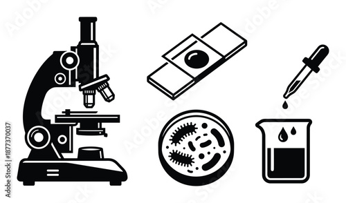 Science laboratory equipment vector icons including microscope, slide, petri dish, dropper and beaker.