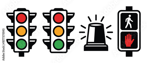 Road traffic signals, pedestrian crossing signal lights and flashing siren light vector illustration, isolated on white background.