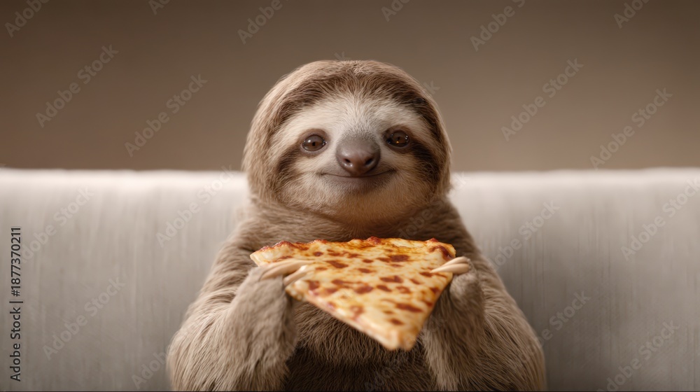 Fototapeta premium A cute sloth holds a slice of pizza, smiling contentedly on a couch, embodying a relaxed, quirky vibe.