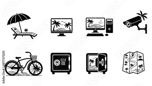 A set of black and white icons representing travel, security, and technology concepts