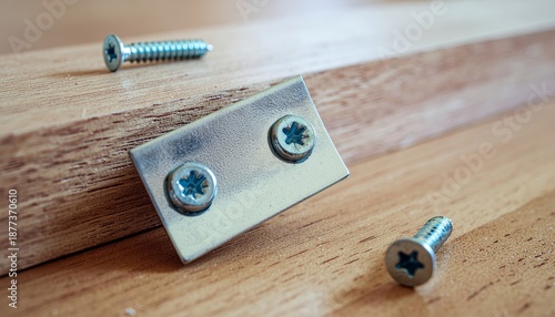 Macro shot of a metal door hinge and screws on a wooden frame