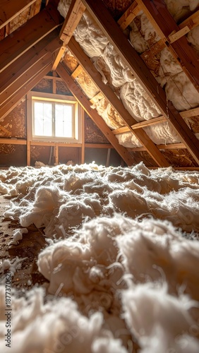 Loose fiberglass insulation spread across attic floor with roof structure visible