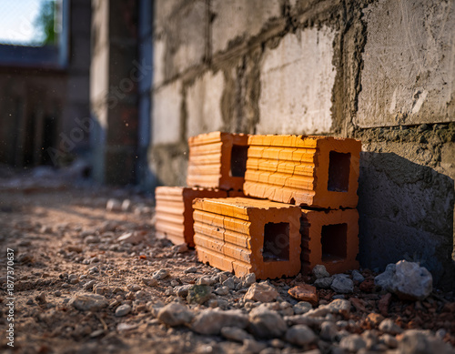 Loose red bricks stacked unevenly on the ground at construction site