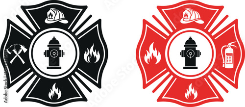 Firefighter emblem and fire department badge set, hydrant and helmet symbols, emergency rescue vector icons in red and black isolated on white background