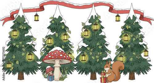 Festive winter forest illustration with decorated pine trees, glowing lanterns, cute squirrel with gift, red ribbon banner and fairy tale Christmas woodland scene
