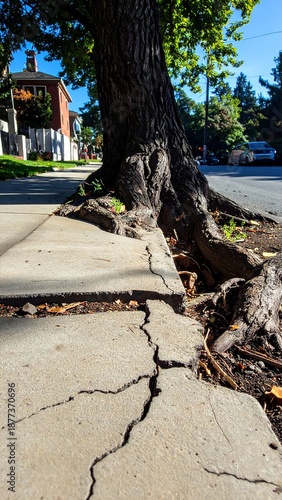 Large concrete sidewalk slab uplifted due to tree roots in the urban street