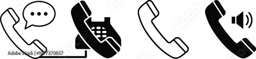 Telephone and call icons set, phone communication symbols, hotline support, customer service, contact center concepts, incoming outgoing calls, black vector illustration