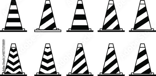Traffic cone icon set with striped safety patterns, black and white construction symbols, minimal road warning elements isolated on white background