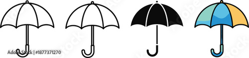 Umbrella icon set with outline, solid and colorful styles, modern weather protection symbols for rain, storm, insurance and forecast design
