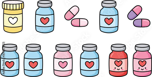 Valentine love potion medicine illustration, cute cartoon bottles and pills with heart labels, kawaii romantic medical icons set, pastel pink blue vector