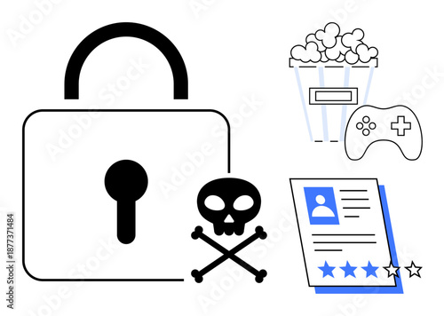 Large padlock, skull, popcorn, game controller, and document with a star rating underline hacking risks. Ideal for digital security, identity protection, data theft, safe streaming online gaming