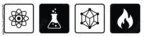 Set of science icons, including atom symbol, chemical flask, molecule structure, and flame in black and white squares.