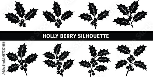 Holly berry silhouette vector set, black holiday icons, Christmas leaf and berry shapes, festive botanical design, winter decoration graphic bundle