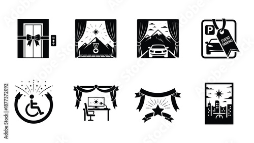 A set of detailed hotel amenities and services icons for travel and hospitality