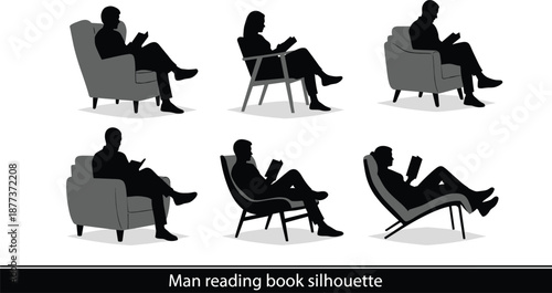 Man reading book silhouette, sitting in chair, relaxing posture, leisure activity, black vector icon, educational concept, quiet time, indoor scene