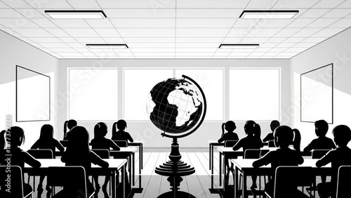 Classroom full of silhouetted students watching a globe